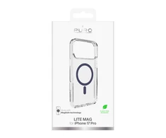 Puro „Lite Mag TPU + PC“ dėklas, suderinamas su „MagSafe“, skirtas „iPhone 17 Pro“ – skaidrus su „Mėlyna“ žiedu