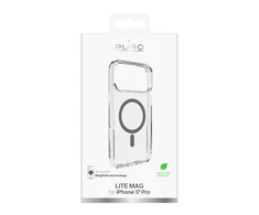 Puro „Lite Mag TPU+PC“ dėklas, suderinamas su „MagSafe“, skirtas „iPhone 17 Pro“ – skaidrus su pilku žiedu