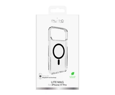 Puro Lite Mag TPU+PC dėklas suderinamas su MagSafe skirtas Apple iPhone 17 Pro – skaidrus su juodos spalvos žiedu