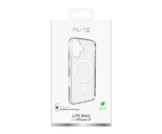 Puro Lite Mag TPU+PC dėklas suderinamas su MagSafe skirtas Apple iPhone 17 – skaidrus su baltos spalvos žiedu