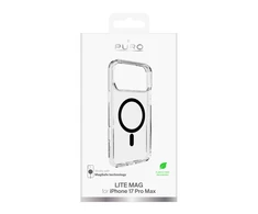Puro Lite Mag TPU + PC dėklas, suderinamas su „MagSafe“, skirtas „iPhone 17 Pro Max“ – skaidrus su juodu žiedu