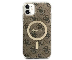 Apple iPhone 11 Guess dėklas 4G Print MagSafe + Belaidis Įkroviklis (GUBPP14LH4EACSP) rudos spalvos