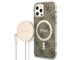 Apple iPhone 12 / 12 PRO Guess dėklas 4G Print MagSafe + Belaidis Įkroviklis (GUBPP13XH4EACSP) rudos spalvos