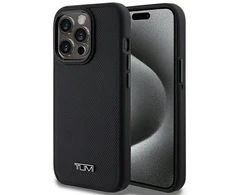 Tumi TUHMP15LRBAK Apple iPhone 15 Pro 6.1" juodos spalvos kietas dėklas, odinis balistinio rašto MagSafe dėklas