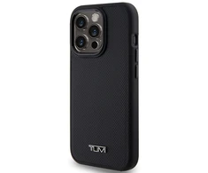 Tumi TUHMP15LRBAK Apple iPhone 15 Pro 6.1" juodos spalvos kietas dėklas, odinis balistinio rašto MagSafe dėklas