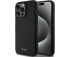 Tumi TUHMP15XRBAK Apple iPhone 15 Pro Max 6.7" juodos spalvos kietas dėklas, odinis balistinio rašto MagSafe dėklas