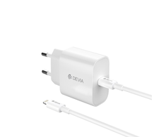 Devia laidinis įkroviklis Smart PD GaN 30W 1x USB-C baltos spalvos + kabelis USB-C - Lightning