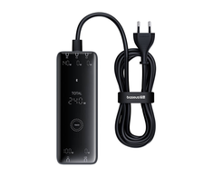 Skaitmeninis įkroviklis Baseus GaN, 3x USB-C + USB + DC, 240 W + kabelis 1 m (juodas)