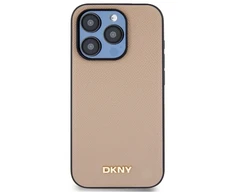 DKNY DKHMP15LPGHLME Apple iPhone 15 Pro 6.1″ beige kietas dėklas Grained Metal Logo MagSafe