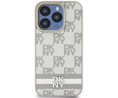 DKNY PU Leather Checkered Pattern and Stripe dėklas telefonui Apple iPhone 13 Pro rusvai gelsvas