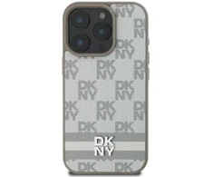 Dėklas DKNY PU odos languotų raštų ir juostelių Apple iPhone 16 Pro rusvai gelsvas