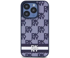 DKNY PU Leather Checkered Pattern and Stripe dėklas telefonui Apple iPhone 15 Pro mėlynos spalvos