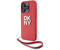 DKNY PU Leather Stack Logo Wrist Strap dėklas telefonui Apple iPhone 15 Pro raudonos spalvos