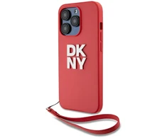 DKNY PU Leather Stack Logo Wrist Strap dėklas telefonui Apple iPhone 14 Pro raudonos spalvos