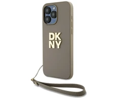 DKNY PU Leather Stack Logo Wrist Strap dėklas telefonui Apple iPhone 14 Pro Max rusvai gelsvas