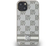 DKNY PU Leather Checkered Pattern and Stripe dėklas telefonui Apple iPhone 14 rusvai gelsvas