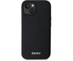 DKNY PU Leather Sidabrinis Metal Logo Magsafe dėklas telefonui Apple iPhone 14 juodos spalvos