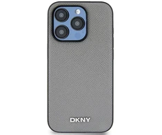 DKNY PU Leather Sidabrinis Metal Logo Magsafe dėklas telefonui Apple iPhone 14 Pro pilkos spalvos