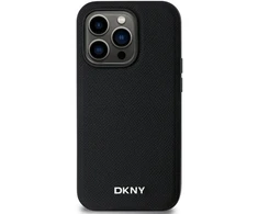 DKNY PU Leather Sidabrinis Metal Logo Magsafe dėklas telefonui Apple iPhone 14 Pro Max juodos spalvos