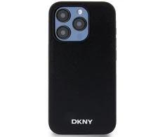 DKNY PU Leather Sidabrinis Metal Logo Magsafe dėklas telefonui Apple iPhone 15 Pro Max juodos spalvos