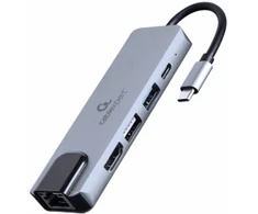 GEMBIRD A-CM-COMBO5-04 kelių prievadų adapteris C tipo USB 5in1 šakotuvas + HDMI + PD + LAN