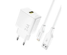 Dudao A23LEU 2.4A GaN EU USB-A sieninis įkroviklis su USB-A į Lightning kabeliu - Baltas