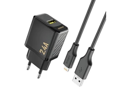 Dudao A23LEU 2.4A GaN EU USB-A sieninis įkroviklis su USB-A į Lightning kabeliu - Juodas