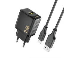 Dudao A23TEU 2.4A GaN USB-A sieninis įkroviklis su USB-A - USB-C laidu - juodas