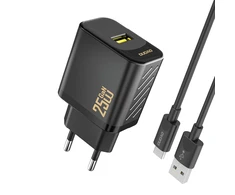 Dudao A27STEU 25W GaN USB-A sieninis įkroviklis su USB-A - USB-C laidu - Juodas