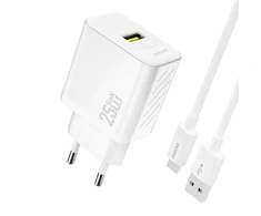 Dudao A27STEU 25W GaN USB-A sieninis įkroviklis su USB-A - USB-C laidu - Baltas