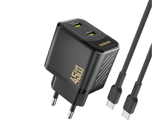 Dudao A28PCEU PD 45W GaN 2xUSB-C sieninis įkroviklis su USB-C laidu - Juodas