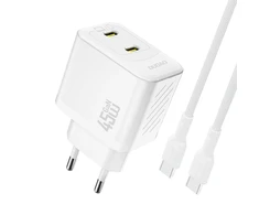 Dudao A28PCEU PD 45W GaN 2xUSB-C sieninis įkroviklis su USB-C laidu – baltas