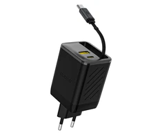 Dudao A67EU GaN 67W sieninis įkroviklis su integruotu ištraukiamu USB-C maitinimo laidu greitam įkrovimui - Juodas