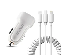Įkroviklis automobilinis Dudao R7 (2xUSB; 2.4A) + 3in1 laidas lightning+micro+type-C baltas