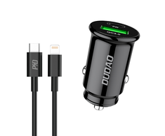 Dudao greitas automobilinis įkroviklis su USB prievadais QC3.0 + C tipo PD juodas + USB-C laidas - Lightning 18W juodas (R3PRO)