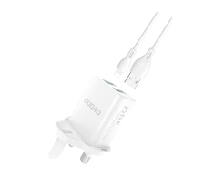 Dudao sieninis įkroviklis UK kištukas (Jungtinė Karalystė) 2xUSB-A 2.4A baltas + USB-A laidas - Lightning baltas