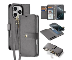 Dux Ducis Lawa Apple iPhone 16 Pro Leather dėklas su Detachable Magnetic Wallet – pilkos spalvos
