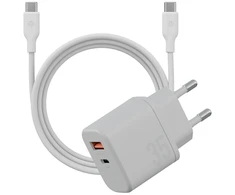 Energea Laidinis įkroviklis Bazic Goport Velox Kit 1xUSB-C 1xUSB-A GaN 35W su pintu kabeliu baltos spalvos
