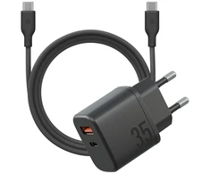 Energea Laidinis įkroviklis Bazic Goport Velox Kit 1xUSB-C 1xUSB-A GaN 35W su pintu kabeliu juodos spalvos