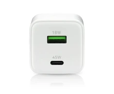 everactive GaN mains charger with 1 x USB and 1 x USB-C Quick Charge 4.0 45W, baltas