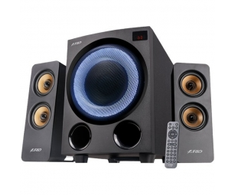 Kompiuterio kolonėlės Fenda F&amp;D F770X 2.1 daugialypės terpės garsiakalbiai, 76 W RMS, 4x2,5 colių palydovai + 5,25 colių žemųjų dažnių garsiakalbis, BT 5.0 / optinis / AUX / USB / FM / kelių spalvų LED / LED Ekranas / nuotolinio valdymo pultas / medinis / Juodas