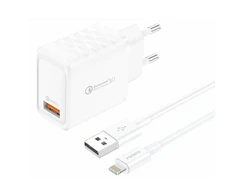 Foneng EU54 USB-A, 3A maitinimo įkroviklis (baltas) + USB-A iki Lightning kabelis
