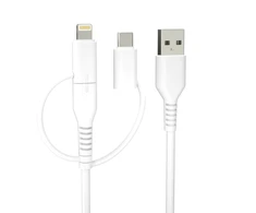 Forever recycling kabelis 3w1 1,5m 2,4A USB-A -USB-C+ microUSB + Lightning KR3W1-00 baltos spalvos