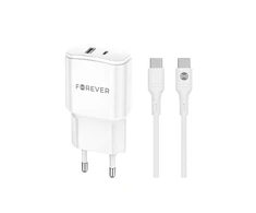 Forever TC-01-20AC PD QC įkroviklis 1x USB-C 1x USB 20W baltos spalvos + USB-C - USB-C kabelis 20W