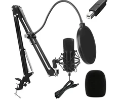 „Fusion Studio“ USB mikrofonas | Podcast'ai | Transliacijos | Balso įrašymas + reguliuojamas stovas, pop filtras | juodas