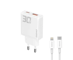 GaN Dudao A30EUL 30W USB-A / USB-C laidinis įkroviklis + USB-C – Lightning kabelis – baltos spalvos