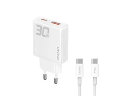 GaN Dudao A30EUT 30W USB-A / USB-C laidinis įkroviklis + USB-C – USB-C kabelis – baltos spalvos