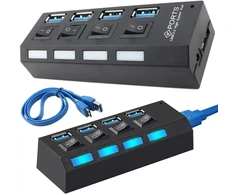 Goodbuy adapter (splitter) USB 3.0 to 4 x USB 3.0 | 5Gbps with separate On | Off buttons juodas