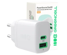 Green Cell Žalias Cell Greencell PowerSource Duo30 įkroviklis USB/USB-C baltas maitinimo adapteris 30W maitinimo tiekimas