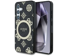Guess 4G Background Gold Electroplated Peony Pattern MagSafe Samsung Galaxy S25 dėklas telefonui juodos spalvos